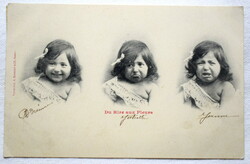 Antik Bergeret üdvözlő fotó képeslap nevető grimaszoló síró kislány