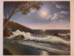 Oil painting: moonlit beach