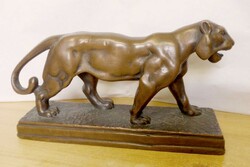 Bengal tiger copper statue on a cast-together pedestal. A unique rarity.
