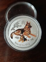 Kutya éve 2018 , német juhászkutya - 1 uncia színes ezüst pénzérme - németjuhász ( 1 oz )