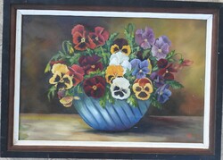 Unknown painter - pansy still life - marked oil / canvas painting