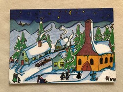 Karácsonyi postatiszta képeslap - " Karácsony éjjelén " -  Kováts Eszter rajz