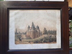 Antique lithograph, colored etching of the French rambures castle