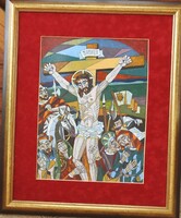 Józsa joános fire enamel picture - christ on the cross 30 cm x 40 cm + frame