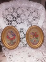 Beautiful Antique Micro Handwoven Gobelin Pair in Oval Old Frame