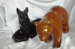 Ceramic bear + dog, bear length 26 cm, 15 cm high, dog length 22.5 cm, 6.5 cm high