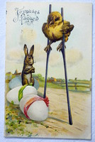 Antik dombornyomott  Húsvéti üdvözlő képeslap csibe gólyalábon nyuszi tojás