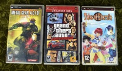 PlayStation Portable PSP videójátékok Tales of Eternia , Metal Gear AC!D2 , grand theft auto 3db.