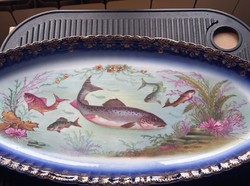Antik halas, pecsenyés porcelán tál ficánkoló halacskákkal, Victoria Monarchia korabeli szervírozó