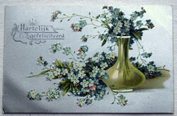 Antik ezüst hátterű dombornyomott  üdvözlő képeslap nefelejcs csokor vázában