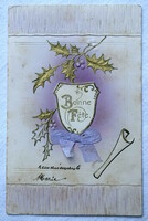 Antik dombornyomott üdvözlő képeslap arany magyal selyemszalag