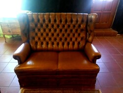 Chesterfield antique leather sofa with armchair