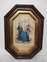 Antik biedermeier nyomat kép fali dekoráció ruha divat keretben 184. 5521