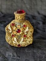 Antik díszes aranyozott fém borítású parfümüs üveg