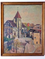 90x74 cm- Raymond Léon AUGER – La ville depuis l'église