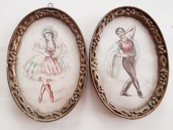Oval, painted on textile, silk pictures in pairs, folk dancers, folk costume antique painting