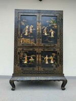 Antique Chinese Asian Furniture Emboss Inlaid Painted Geisha Motif Large Black Lacquer Cabinet 2020