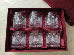 Gyönyörű ajkai forgómintás új ólomkristály whiskys pohár szett eredeti bordó bársony díszdobozában