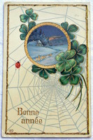Antik arannyal préselt Újévi üdvözlő képeslap tájkép lóhere pókháló katica