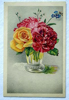 Art deco francia  üdvözlő grafikus képeslap virágcsokor vázában