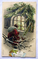 Antik dombornyomott Karácsonyi üdvözlő képeslap Mikulás puttonnyal ablaknál fenyő téli táj