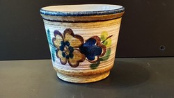 Old hand-painted, glazed ceramic pot.10.5 Cm. High.