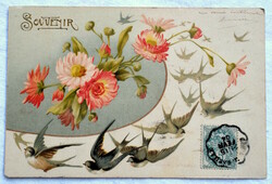 Antik szecessziós üdvözlő litho képeslap  fecskék százszorszép