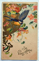 Antik szecessziós dombornyomott litho üdvözlő képeslap cinke virág