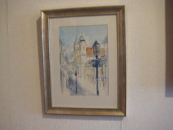 Franciscan street in Pécs, beautiful watercolor, signed, 21 x 31 and 37 x 47 with frame