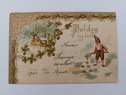 Régi újévi dombornyomott képeslap 1901 levelezőlap törpe lóhere