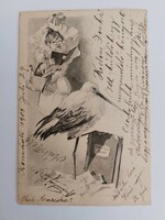 Régi képeslap 1903 grafikus levelezőlap gólya kismama