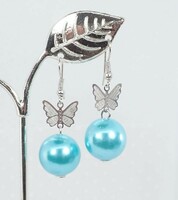 Szép kék  teklagyöngy fülbevaló 1,5 cm, kicsi ezüst pillangóval.