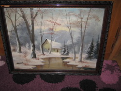 Huge, snowy, winter, farm painting