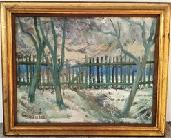 József Mészáros (1925 - 1979) fence c. Picture gallery painting with original guarantee!