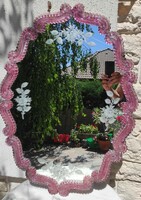 Gyönyörű Murànói Velencei Rózsaszín tükör fúvott üveg díszek csiszolt viràgok, Exkluzív darab