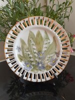 Porcelain wall plate with flower pattern/ lily of the valley/ openwork edge