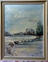 Original Vajna painting - winter landscape, in an elegant frame