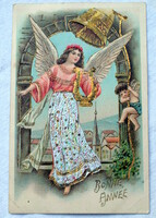 Antik dombornyomott Újévi üdvözlő  képeslap  angyal lanttal fém szoknyában  harangtorony puttó