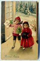 Antik dombornyomott Újévi üdvözlő  képeslap  kisleány kisfiú látogatóban téli táj fenyőág