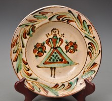 Menyecskés - old earthenware plate, Transylvanian customs village, earthenware with hook, 23.5cm, marked.