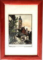 Color etching (2 pieces) - stein/Danube - from the Austrian old town. Signed Dembiski 1928