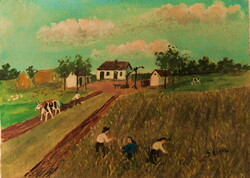 SZÜCS János (1917-1995)  "Falusi munkák" Képeslap festmény 11x16cm