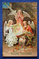 Antik arannyal préselt Karácsonyi üdvözlő képeslap Jézuska jászol angyalok bárány