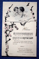 Antik Karácsonyi üdvözlő grafikus képeslap angyalkák kotta Alleluja karácsonyi liturgikus ének