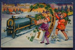 Art deco arannyal préselt Újévi üdvözlő képeslap vonat gyerekek szerencsepatkó lóhere