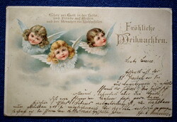 Antik Karácsonyi üdvözlő lithográf  képeslap angyalkák felhőben