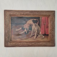 Antique Large Oil Painting Interior with Dogs Beautifully Detailed