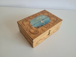 Old retro wooden box Balaton souvenir mid century souvenir 24 cm