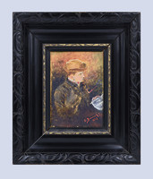 Ismeretlen festő munkája (1887) “Pipázó férfi újsággal” olajfestmény, impresszionista hatásokkal.