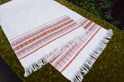 Antique linen decorative towel runner with folk pattern woven in tablecloth material 180 x 60 cm + 6 cm fringe